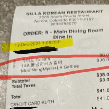Silla Restaurant - Their lunch menu for naengmyun + galbi used to be $19 in December 2024. Price increased by 47% in 2 weeks to $28 - Korean Near Me - Aurora, Colorado