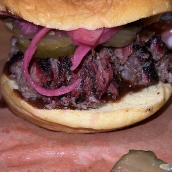 Bark Barbecue - Brisket sandwich w / pickles & onions - Barbeque Near Me - Brooklyn, New York Bark Barbecue - Brisket sandwich w / pickles & onions - Barbeque Near Me - Brooklyn, New York