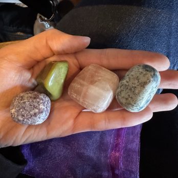 Stone Room 2 - From left to right: lepidolite, green opal, mangano calcite, K2 jasper - Jewelry Near Me - Berkeley, California