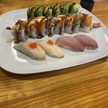 Koji Sushi - Denton - Yellow Tail, White Tuba, Dragonfly roll, and Salmon Heaven roll. - Sushi Bars Near Me - Denton, Texas