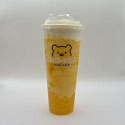 Honi-Bear Boba Cafe - Mango yogurt smoothie topped with sea salt cream and vanilla ice cream