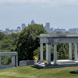 Crown Hill Funeral Home and Cemetery - View from Crown Hill with the Riley tomb in the foreground in June 2022