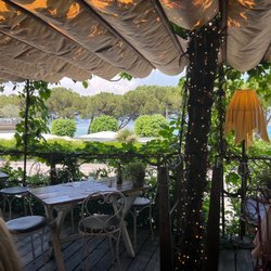 La Plume - View of the patio and lake.