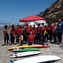Leucadia Surf School - Group photo of the first week of surf camp at Moonlight Beach in Encinitas.  We have the main beach at Moonlight.