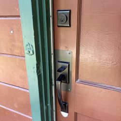 American Lock and Key - Updating old single point locket to new Emtek deadbolt and pitcher handle, with wraparound plate for pitcher handle.