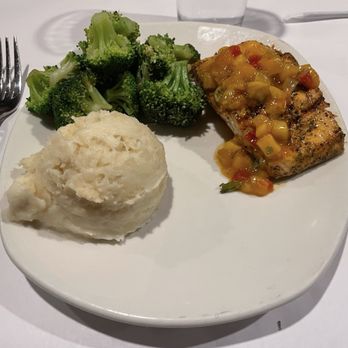 Bonefish Grill - Wood fired grilled Atlantic salmon with mango salsa, whipped potatoes and broccoli - Seafood Near Me - Las Vegas, Nevada