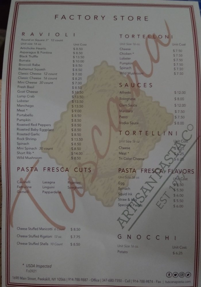 TUSCANA PASTA COMPANY Updated September 2024 1698 Main St