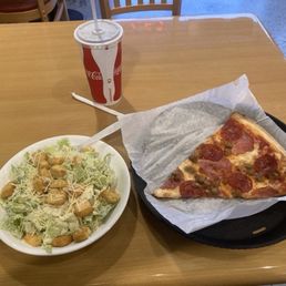 Caesar Salad, pepperoni and sausage slice, coke Caesar Salad, pepperoni and sausage slice, coke