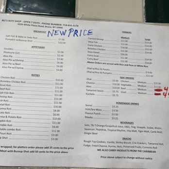 Ali's Roti Shop - Menu prices as of July 2021. - Trinidadian Near Me - Bronx, New York Ali's Roti Shop - Menu prices as of July 2021. - Trinidadian Near Me - Bronx, New York