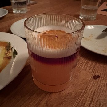 Osteria Savio Volpe - Blood Orange Sour Woods 'Arancello' Blood Orange, Tanqueray Gin, Lemon, Vegan Foamer, Red Wine Float - Italian Near Me - Vancouver, British Columbia