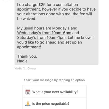 Alterations By Nadia - They charge just for estimate appointments - Sewing & Alterations Near Me