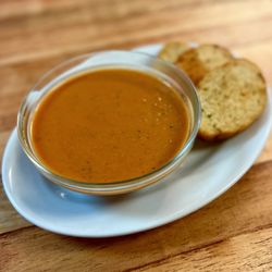 Lorena Cheese House - Tomato Basil Soup made with Cashew Cream. Pappy's Bakery Herb and Garlic Slices.