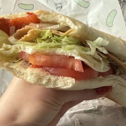 Jimmy John's - My custom Veggie sandwich w/ my own Tofurky slices added. So good!