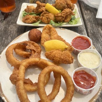 Ellis Creek Fish Camp - Grouper Platter, Onion Rings and a side of Fried Oysters.  Yumm - Seafood Near Me - Charleston, South Carolina