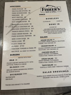 Menu photo 1 Fisher's Bar And Grill Zelienople, PA