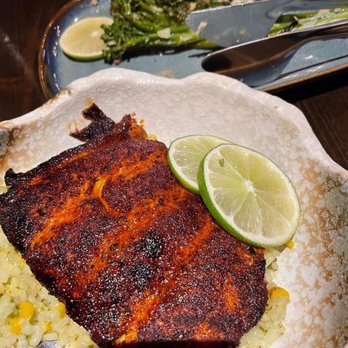 de Fuego - Brazilian Salmon with a side of Chili Lime Broccolini...delicious! - Latin American Near Me - Clackamas, Oregon
