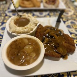 Dunderbak's Market Cafe - Jager Schnitzel Platter Hot German Potato Salad. Contains bacon. Mashed Potatoes with Gravy