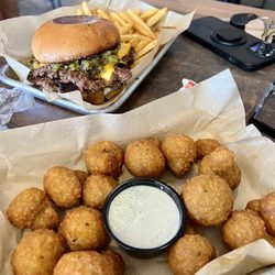 Blue Moon Bar & Grill - Green Chile double cheeseburger and fried mushrooms
