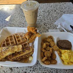 Country Style Chicken and Waffles - Lumberjack combo with large iced coffee.