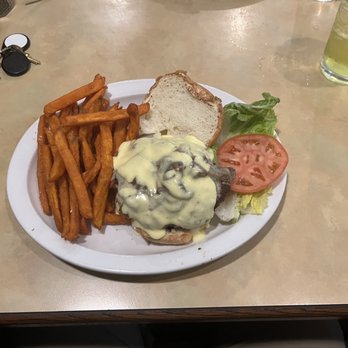 The Root - Root burger with a side of sweet potato fries - New American Near Me - Elon, North Carolina