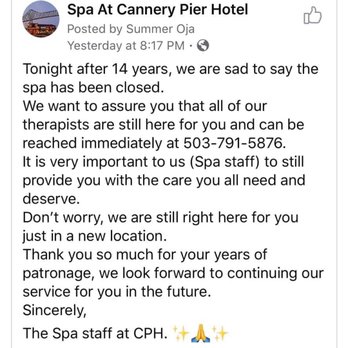 Cannery Pier Hotel & Spa - Pic posted from spa manager after being let go with the entire spa staff, with zero notice. - Hotels Near Me - Astoria, Oregon Cannery Pier Hotel & Spa - Pic posted from spa manager after being let go with the entire spa staff, with zero notice. - Hotels Near Me - Astoria, Oregon