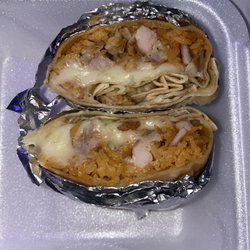 Taco Time with Don Carlos - chicken burrito with rice, lettuce, and extra cheese