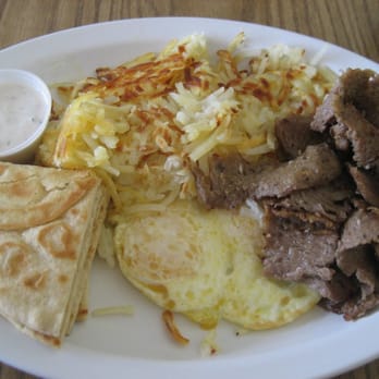 Olympic Cafe - Gyro & eggs with hash browns, pita and two eggs...yummy! - Mediterranean Near Me - San Diego, California
