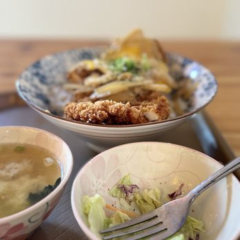 Umai Cafe - A complete set of Chicken Katsudon, with miso soup and salad. I already ate half of the salad. - Sushi Bars Near Me - Troy, Michigan Umai Cafe - A complete set of Chicken Katsudon, with miso soup and salad. I already ate half of the salad. - Sushi Bars Near Me - Troy, Michigan