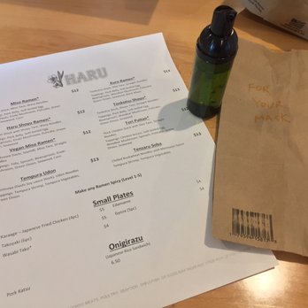 Haru - Menu, hand sanitizer and a paper bag for your mask. - Ramen Near Me - Reno, Nevada
