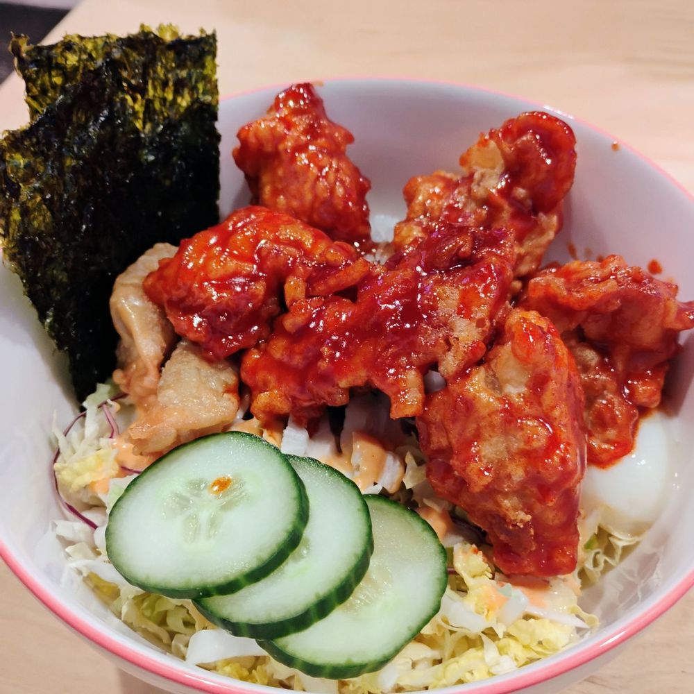 Ganadara - Mackay - Dak Balls Cupbap $14.50 (it's Korean fried chicken, rice, cabbage, cucumbers, 2 fried dumplings, an egg and seaweed). - Korean Near Me - Montreal, Quebec Ganadara - Mackay - Dak Balls Cupbap $14.50 (it's Korean fried chicken, rice, cabbage, cucumbers, 2 fried dumplings, an egg and seaweed). - Korean Near Me - Montreal, Quebec