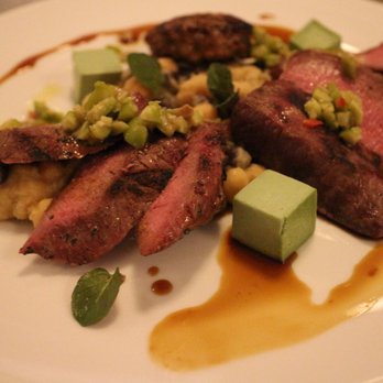 Eden - Lamb loin uniquely paired with pistachio-yogurt panna cotta, ceci neri, castelvetrano olive, ginger, and lemon. - New American Near Me - Chicago, Illinois