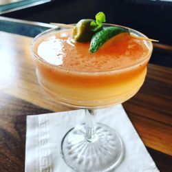 Lark - Billy's Bloody with heirloom tomato water, horseradish-infused vodka, basil syrup, lime and olive juices, and chili paste.