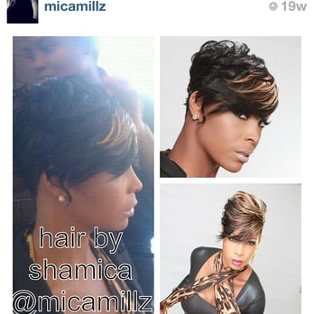 Shamica S Hair - Short t-hawk style with highlight extensions in fringe for Black Passion style book - Hair Stylists Near Me Shamica S Hair - Short t-hawk style with highlight extensions in fringe for Black Passion style book - Hair Stylists Near Me