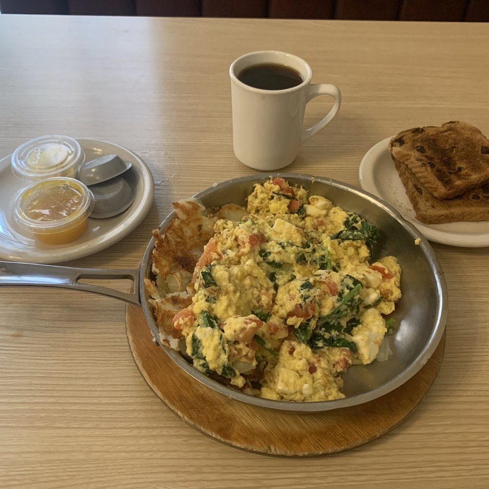 Tempo Cafe - Scrambler with tomato, spinach, feta, raisin toast, and hash browns - Coffee & Tea Near Me - Chicago, Illinois Tempo Cafe - Scrambler with tomato, spinach, feta, raisin toast, and hash browns - Coffee & Tea Near Me - Chicago, Illinois