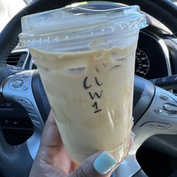 Iced Caramel Latte with whole milk, one espresso shot instead of two