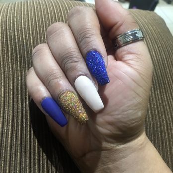 Dcrownnails - Matte nude and blue with 3D blue and gold nails.. - Nail Salons Near Me - Garland, Texas Dcrownnails - Matte nude and blue with 3D blue and gold nails.. - Nail Salons Near Me - Garland, Texas