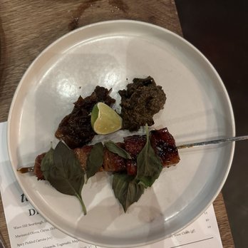 Taproot - Pork collar skewer.  This melted in our mouths!  The spice of the sambal and sweetness of the Carmel onions is party dancing in your mouth! - New American Near Me - Norwalk, Connecticut