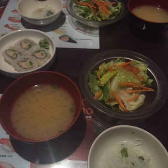 Ronnie 2 - All of the starters! Miso, salad, noodle salad, and they gave us complimentary sushi this time too. - Japanese Near Me - Anchorage, Alaska Ronnie 2 - All of the starters! Miso, salad, noodle salad, and they gave us complimentary sushi this time too. - Japanese Near Me - Anchorage, Alaska
