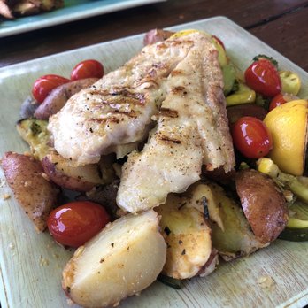 Sam's Beach Bar - Market price to market fresh grilled grouper over beautiful vegetables - Seafood Near Me - Hudson, Florida Sam's Beach Bar - Market price to market fresh grilled grouper over beautiful vegetables - Seafood Near Me - Hudson, Florida