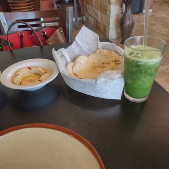 Fares Arabic Cuisine - Side of hummus, pita bread and cucumber lemonade. - Halal Near Me - McAllen, Texas