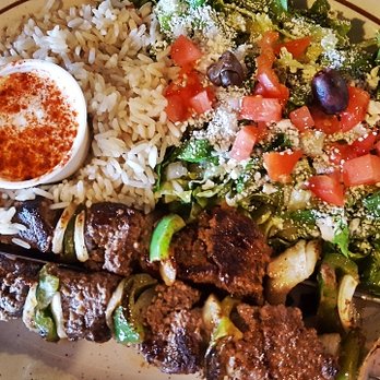 Cleopatra Cafe - Beef kabob plate with rice and greek salad - Mediterranean Near Me - Santa Fe, New Mexico