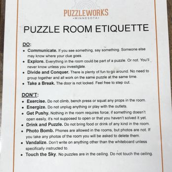 PuzzleWorks - Puzzle room etiquette -- read before playing! - Escape Games Near Me - Saint Paul, Minnesota PuzzleWorks - Puzzle room etiquette -- read before playing! - Escape Games Near Me - Saint Paul, Minnesota