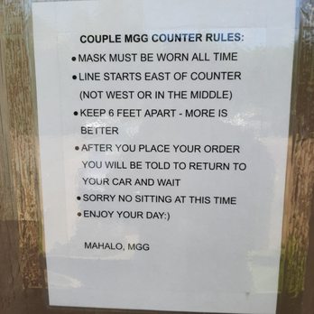 Mana'e Goods & Grindz - Rules when you walk up to the drive-in ordering counter. - Hawaiian Near Me - Kaunakakai, Hawaii Mana'e Goods & Grindz - Rules when you walk up to the drive-in ordering counter. - Hawaiian Near Me - Kaunakakai, Hawaii