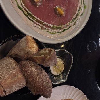 Black Pearl - Tuna carpaccio and salmon tartar and warmed bread - Japanese Near Me - Palm Valley, Florida Black Pearl - Tuna carpaccio and salmon tartar and warmed bread - Japanese Near Me - Palm Valley, Florida