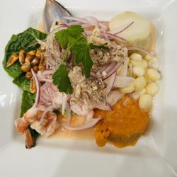 La Ronda Restaurant - Ceviche Mixto (seafood mixed, Red snapper, prawns, mussel and calamari. Served lime juice, sweet potato, corn and Fresh onion on top)
