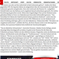 Pension Nr. 1 - Der Inhaber der Pension Nr. 1, Enrico Bethge verteidigt NS-Gedicht und leugnet, Hakenkreuzkekse verteilt zu haben. Zeitungsausschnitt OTZ