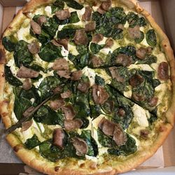 Palermo's Pizza - Ricotta Pesto Garlic Pizza with spinach and sausage. So good.