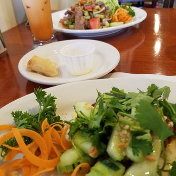 Royal Thai - (Front to Back) Nice fish cake appetizer. Hot crispy egg roll and sauce. THAI TEA drink which was phenomenal. Tasty rich beef salad. - Thai Near Me - Gurnee, Illinois Royal Thai - (Front to Back) Nice fish cake appetizer. Hot crispy egg roll and sauce. THAI TEA drink which was phenomenal. Tasty rich beef salad. - Thai Near Me - Gurnee, Illinois