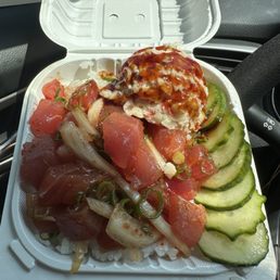 Hot shoyu poke (one choice) over rice with an additional scoop of crab salad