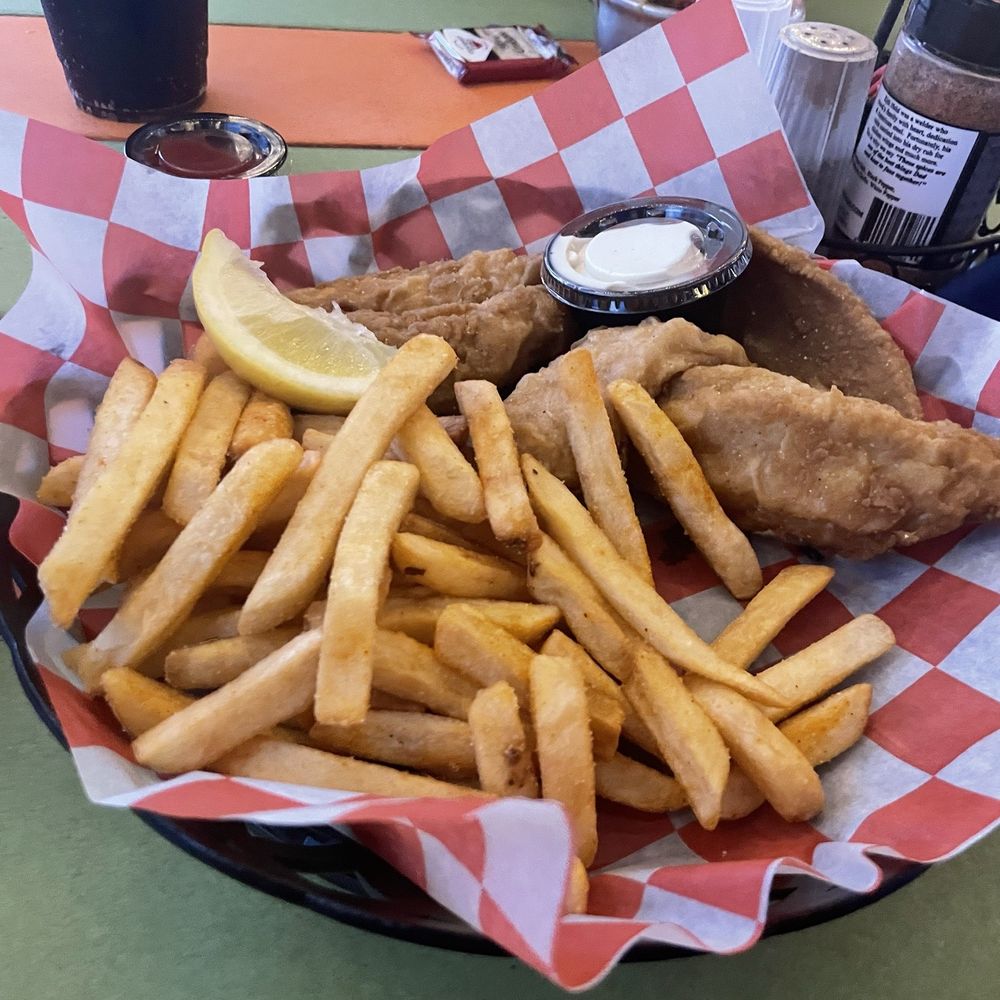 Perch ,fries ,and cilantro rice Perch ,fries ,and cilantro rice